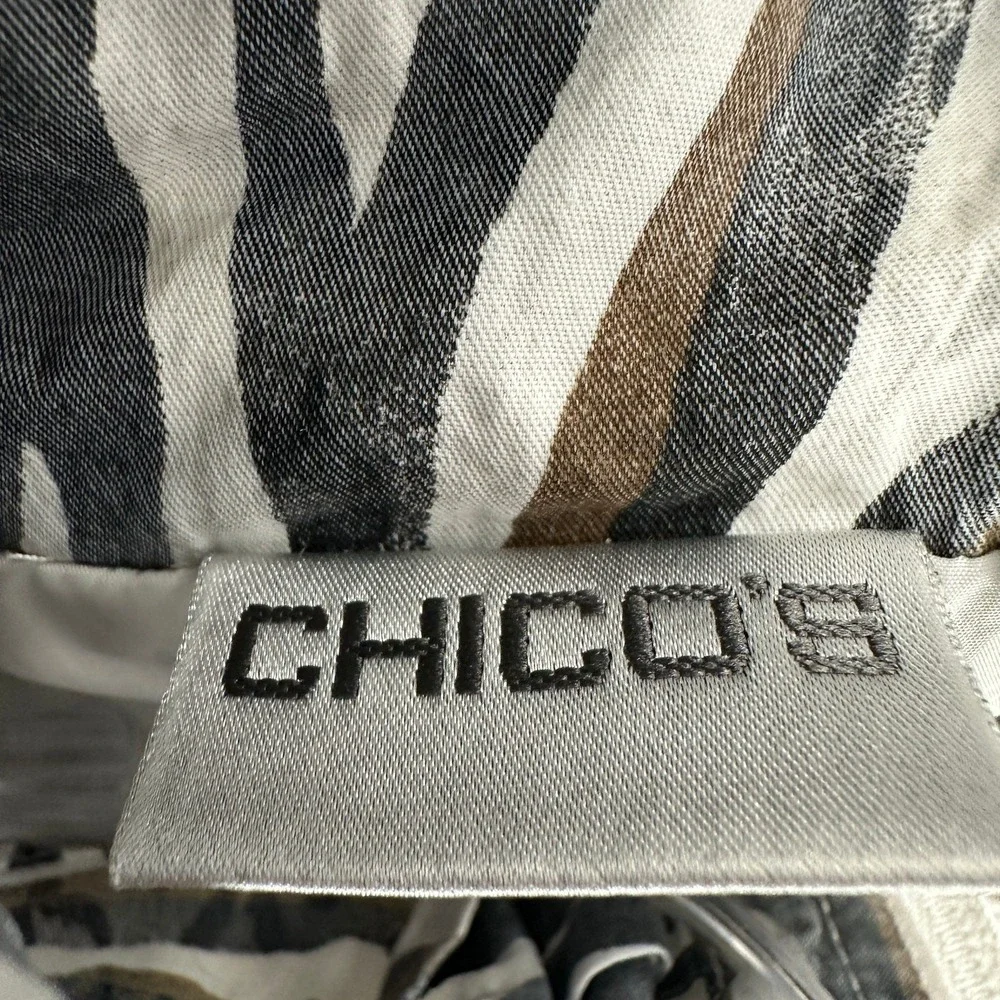 Chicos Womens Zebra Print Zip Up Jacket Size 3 US XL Ruffle Collar Metallic Bold